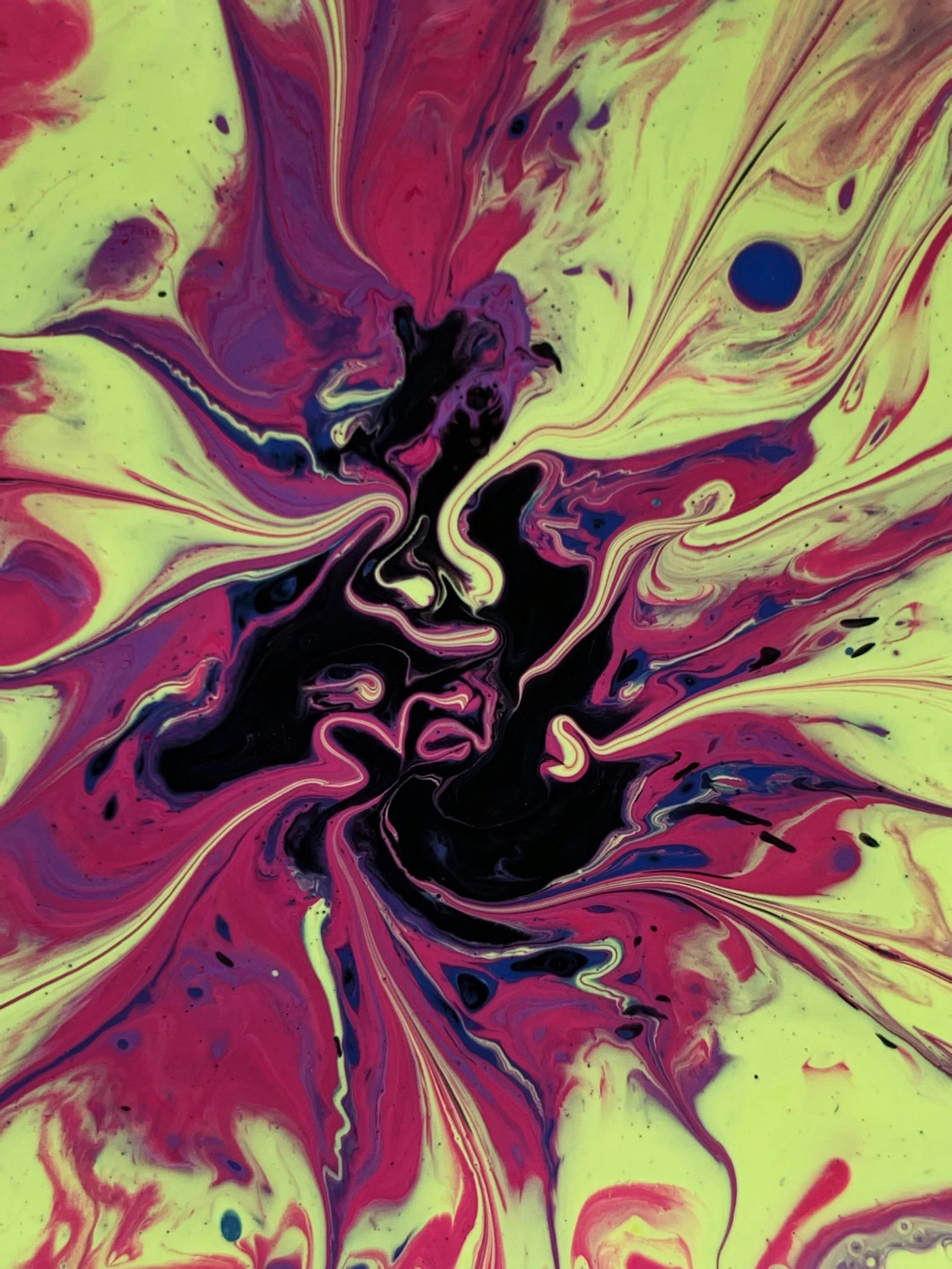 a close up of a painting on a table, an abstract drawing, inspired by Shōzō Shimamoto, trending on unsplash, made of liquid purple metal, abstract album cover, black and yellow and red scheme, psychedelic dmt