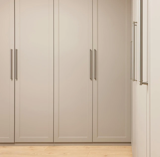 a white refrigerator freezer sitting inside of a kitchen, a 3D render, inspired by Julian Hatton, unsplash, private press, taupe, two wooden wardrobes, in a row, medium close up