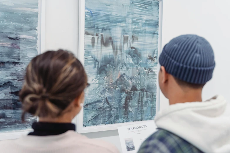 a couple of people that are looking at some art, by Richter, pexels contest winner, slightly blurry, official artwork, liam brazier, graphic print