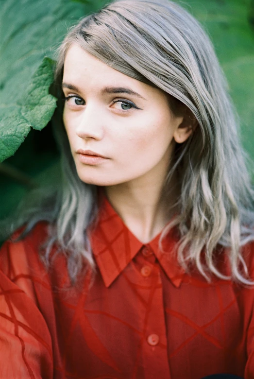 a woman with grey hair wearing a red shirt, an album cover, inspired by Grethe Jürgens, trending on unsplash, renaissance, natalia dyer, lush greens, ash blond greyish hair, handsome girl