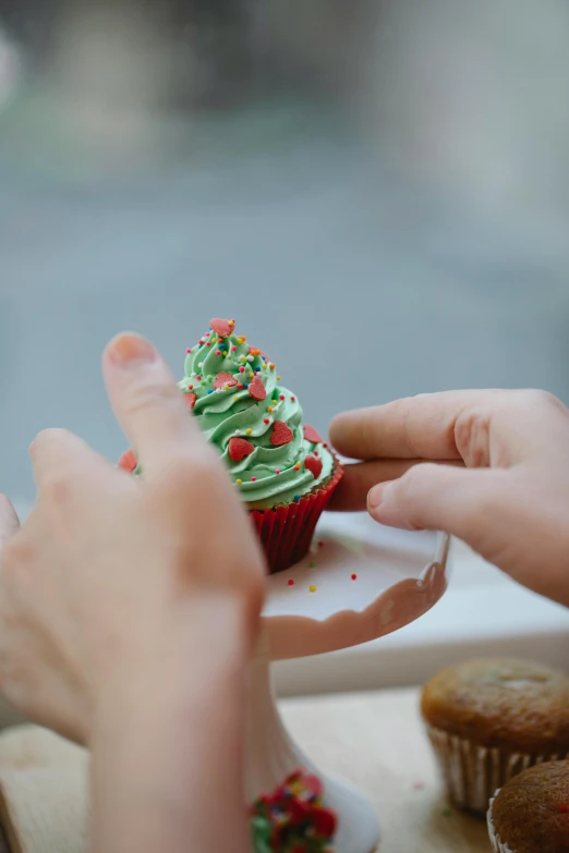 a close up of a person putting frosting on a cupcake, by Dan Content, pexels, photorealism, christmas tree, gif, to