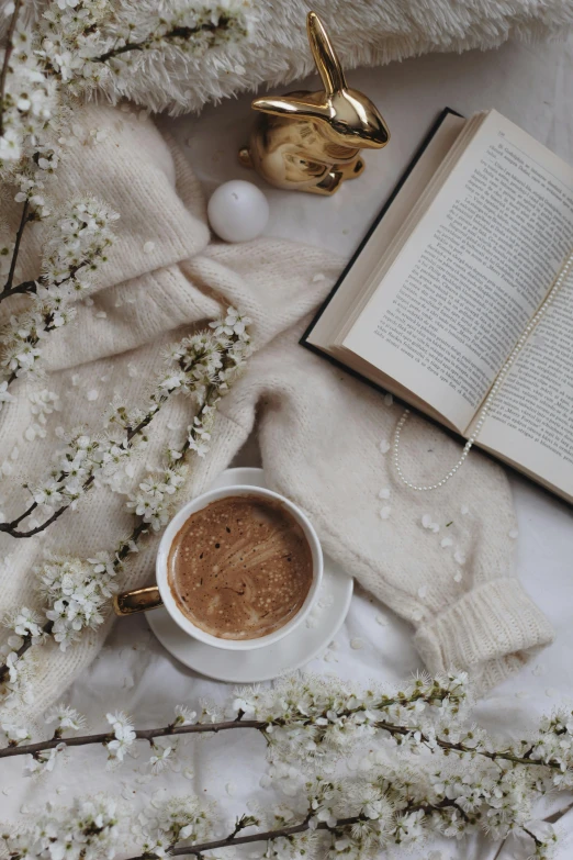 an open book sitting on top of a bed next to a cup of coffee, by Lucia Peka, pexels contest winner, romanticism, brown sweater, early spring, gif, bronze