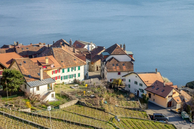 a group of houses sitting on top of a lush green hillside, by Carlo Martini, pexels contest winner, of a small village with a lake, swiss modernizm, wine, sweeping vista