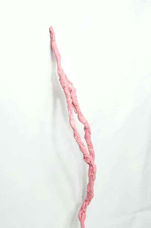 a pink sculpture sitting on top of a white surface, inspired by Lucio Fontana, unsplash, long boney limbs, thick impasto paint, 2 0 1 4, single long stick