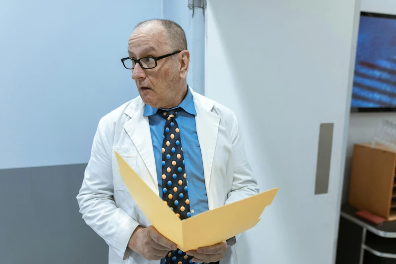 a man in a lab coat holding a piece of paper, by Damien Hirst, doctors office, wearing white suit and glasses, slide show, multiple stories