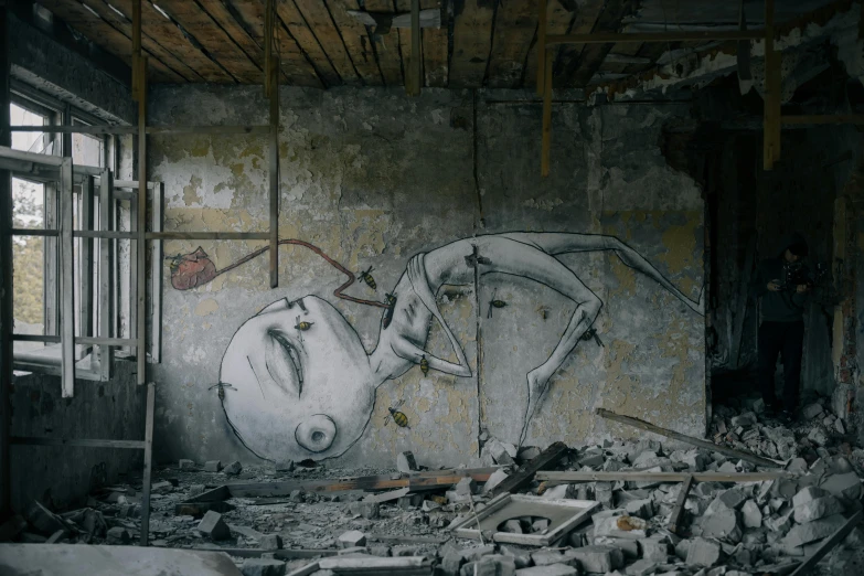 a wall that has some graffiti on it, a surrealist painting, inspired by Roger Ballen, pexels contest winner, collapsed building, post apocalyptic room interior, gray anthropomorphic, building destroyed