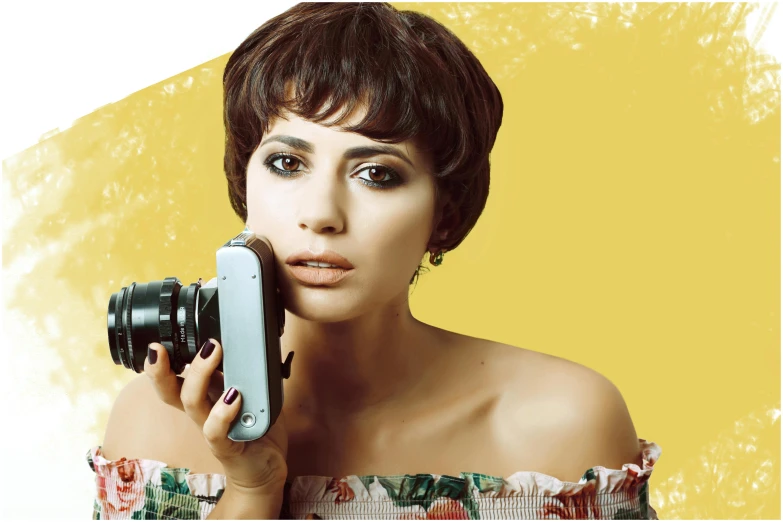 a woman holding a camera up to her face, an album cover, inspired by Elsa Bleda, trending on pexels, photorealism, pixie cut, lady using yellow dress, retro 6 0 s fashion, makeup