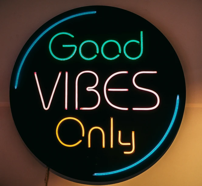 a neon sign that says good vibes only, pexels, vibration, trending on pinterest，maximalist, ☁🌪🌙👩🏾, older sister vibes