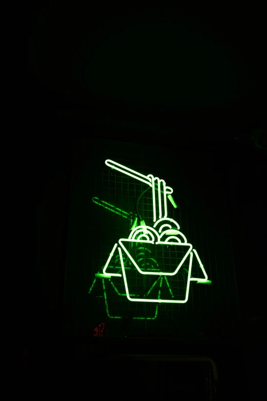 a neon sign is lit up in the dark, a hologram, by Ben Thompson, reddit, eating noodles, ((robot)), #green, memphis