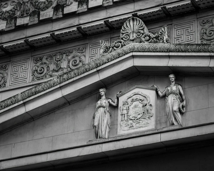 a couple of statues that are on the side of a building, an art deco sculpture, cg society contest winner, neoclassicism, intricately detailed engravings, official courthouse, grayscale 1 9 0 0 s picture, art nouveau hieroglyphics