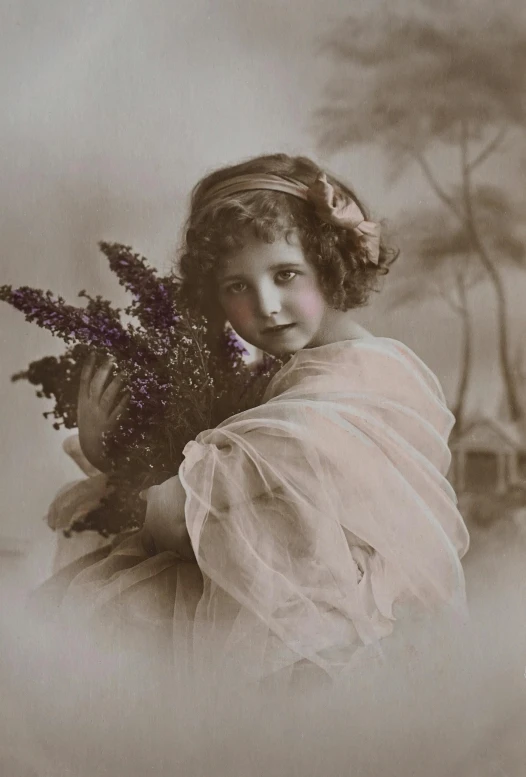 an old photo of a woman holding a bunch of flowers, inspired by Margaret Brundage, pixabay contest winner, cute little girl, lavender, sepia colors, made of flowers