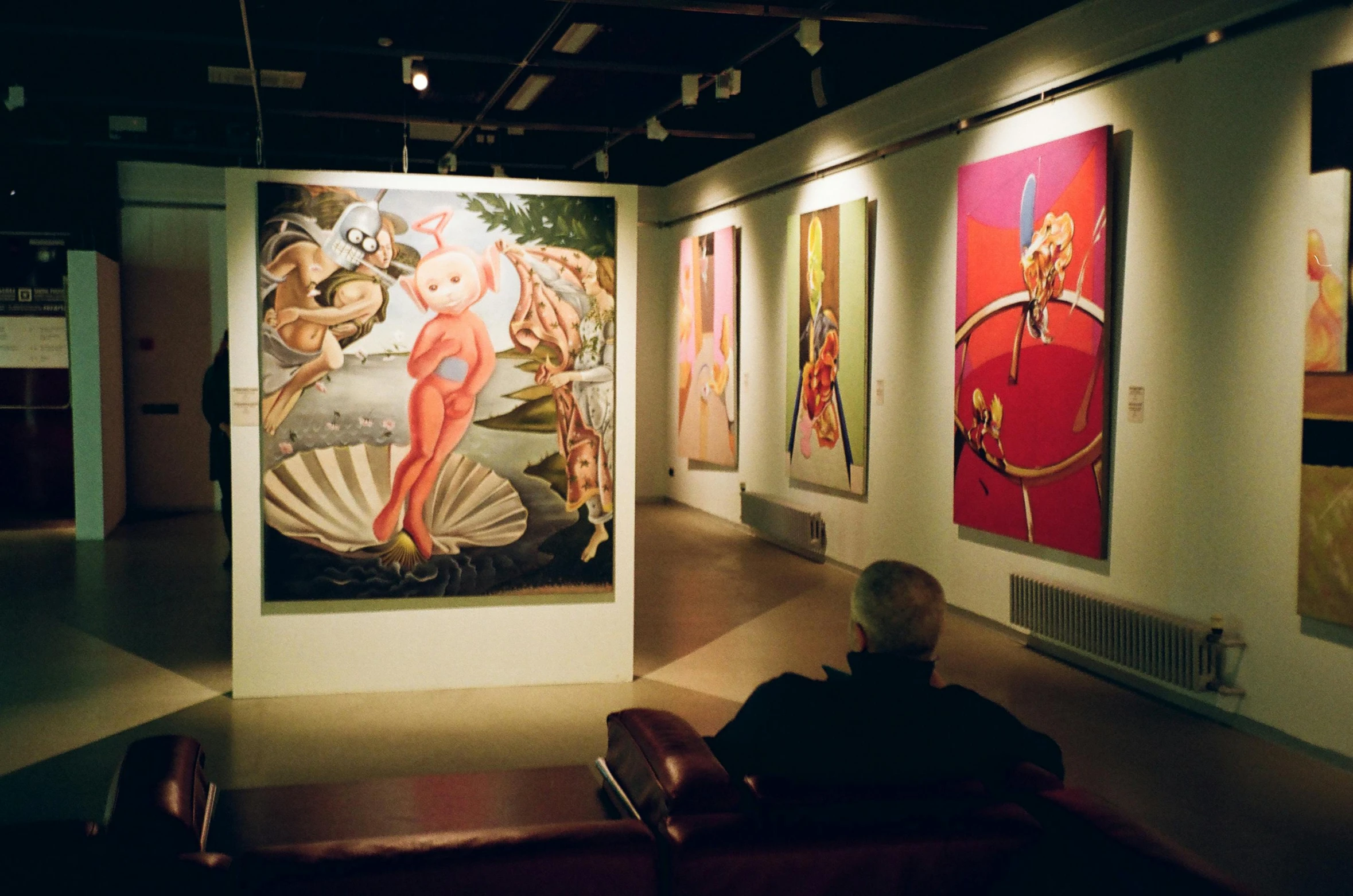 a man sitting on a bench in an art gallery, by Tony Szczudlo, boris vallejo and ilya kuvshinov, judy chicago, on artstastion, a wide shot