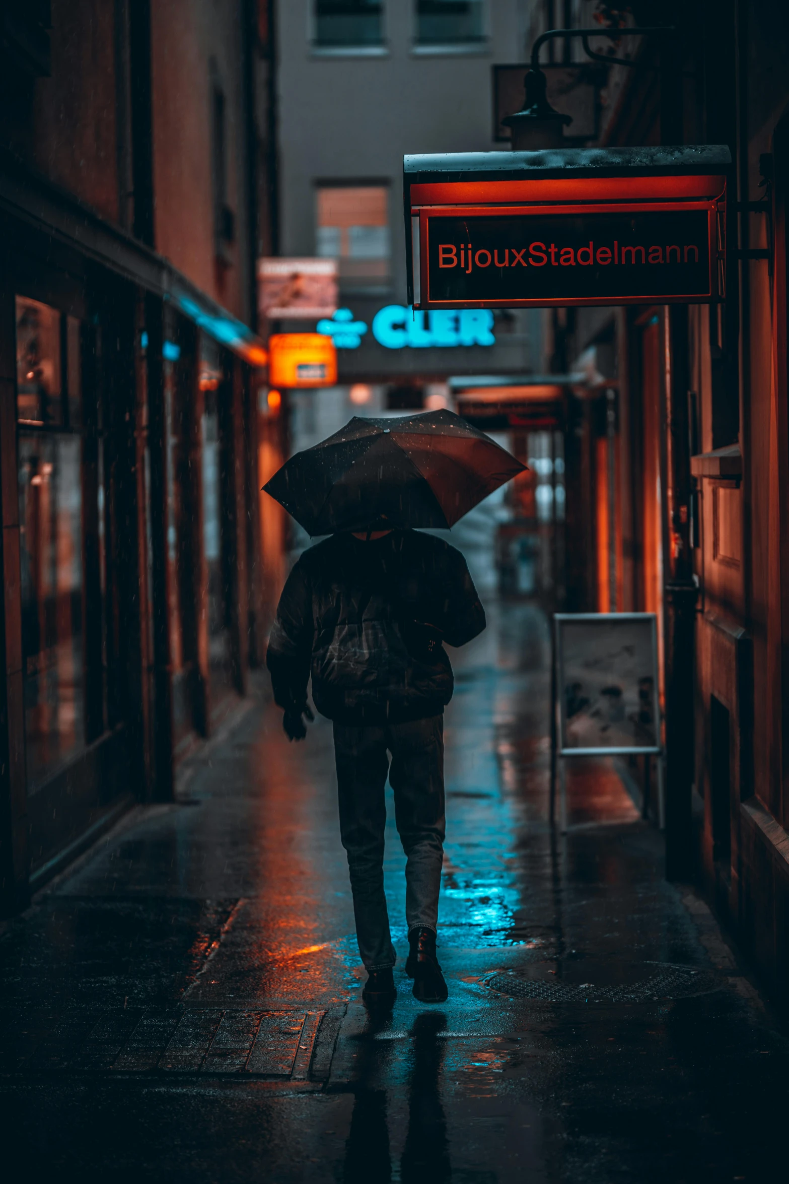 a person walking down a street holding an umbrella, by Raphaël Collin, unsplash contest winner, ominous neon lighting, sad man, slightly pixelated, multiple stories