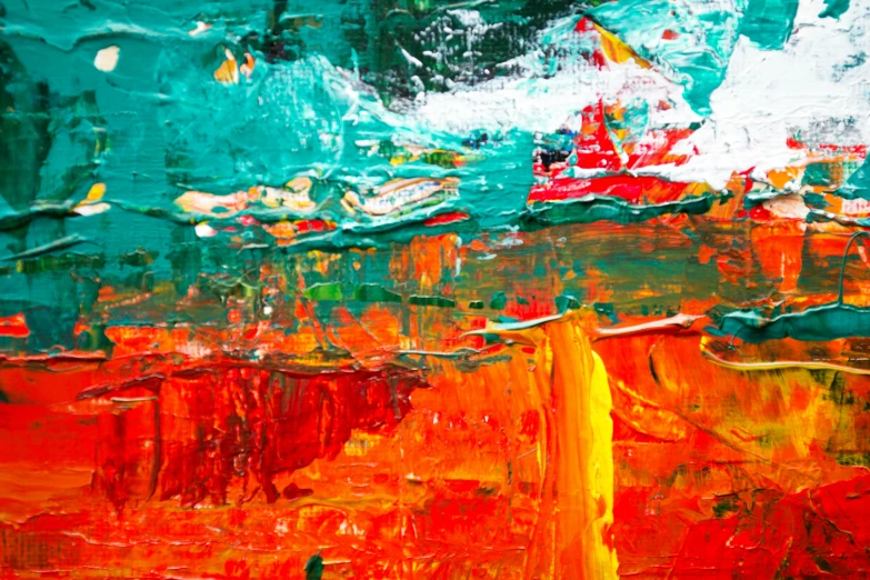 a painting of a boat on a body of water, an abstract painting, pexels contest winner, abstract expressionism, orange and cyan paint decals, canvas coated with red paint, oil on canvas 4k, green bright red