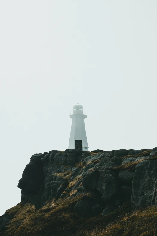 a lighthouse on top of a mountain on a foggy day, gray sky, low quality photo, 2 5 6 x 2 5 6 pixels, unsplash photography