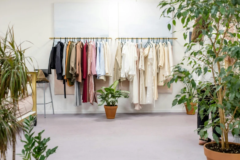 a room filled with lots of clothes and plants, trending on pexels, renaissance, wearing simple robes, storefront, soft colours, professional image