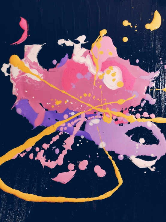 a painting of a butterfly on a black background, poster art, inspired by Shōzō Shimamoto, abstract expressionism, purple and pink, helene frankenthaler, 15081959 21121991 01012000 4k