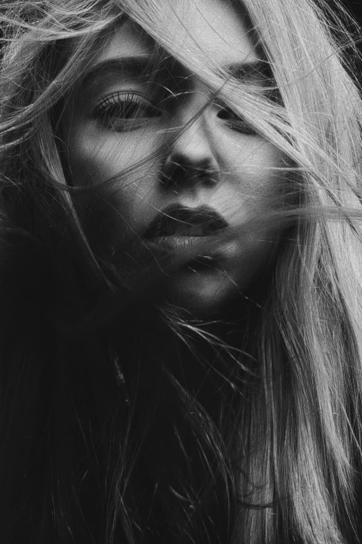 a black and white photo of a woman with long hair, pexels contest winner, hyperrealism, sydney sweeney, ((portrait)), windswept, deviantart artstation cgscosiety