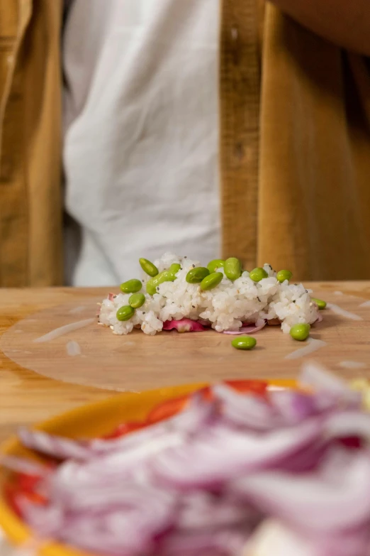 a person chopping onions on a cutting board, inspired by Nishida Shun'ei, process art, rice, plating, white, overview