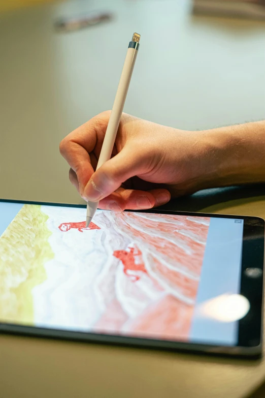 a person drawing on a tablet with a pencil, by Carey Morris, visible paint layers, professionally detailed, apple, sharply detailed