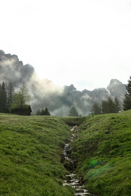 a stream running through a lush green field, a picture, inspired by Friedrich Gauermann, pexels contest winner, dolomites in background, smoke and mist, panorama, grey