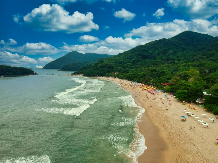 a beach filled with lots of people next to the ocean, by Felipe Seade, pexels contest winner, renaissance, beach is between the two valleys, brazil, lush surroundings, sunny sky