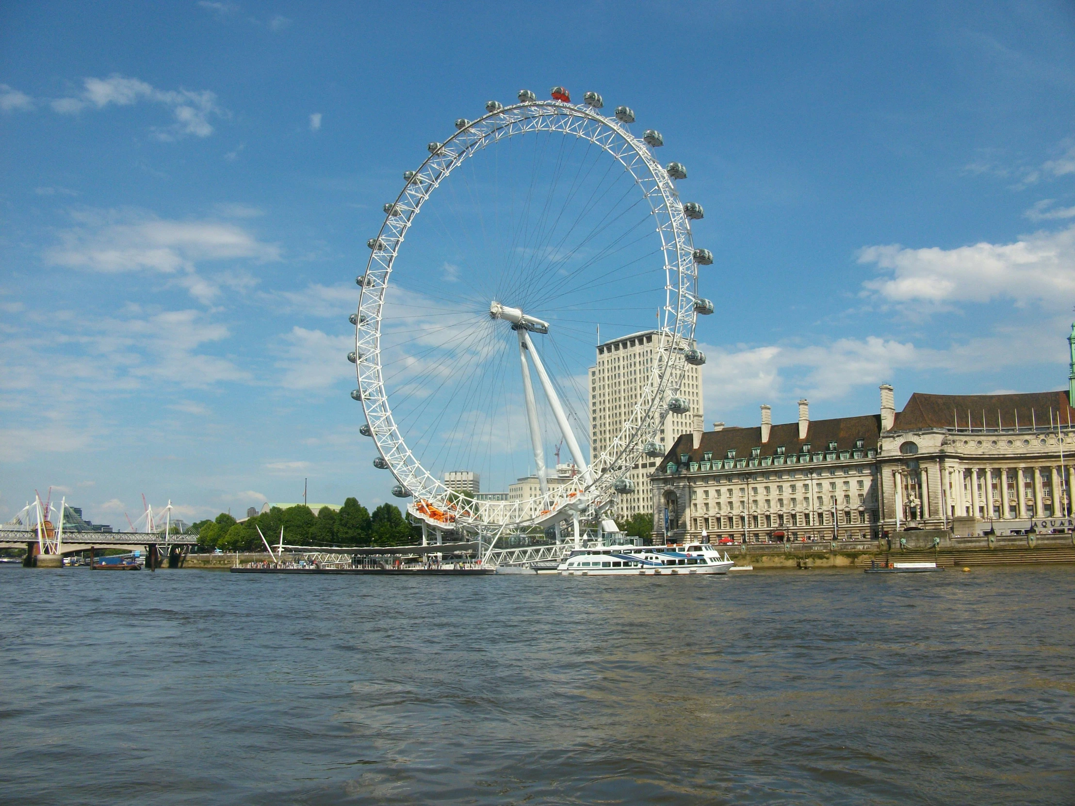 a large ferris wheel sitting on the side of a river, river thames, square, slide show, grayish