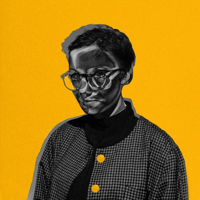 a black and white photo of a man with glasses, an album cover, inspired by Barkley Hendricks, pexels, serial art, beautiful yellow woman, cassandra cain, detailed color portrait, she wears a jacket