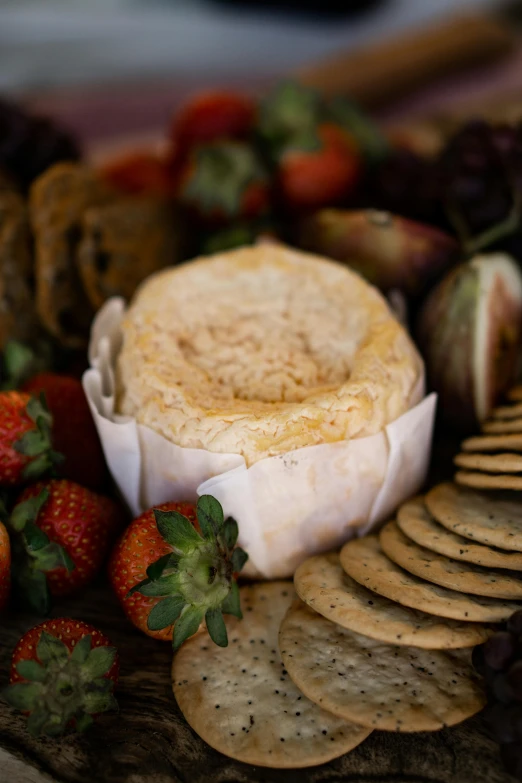 a platter of cheese, crackers and strawberries, renaissance, award-winning crisp details”, burned, stuffed, round-cropped