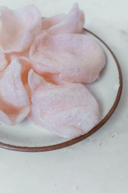 a white plate topped with pink flowers on top of a table, close up of iwakura lain, crisps, soft volume absorbation, pearlescent skin