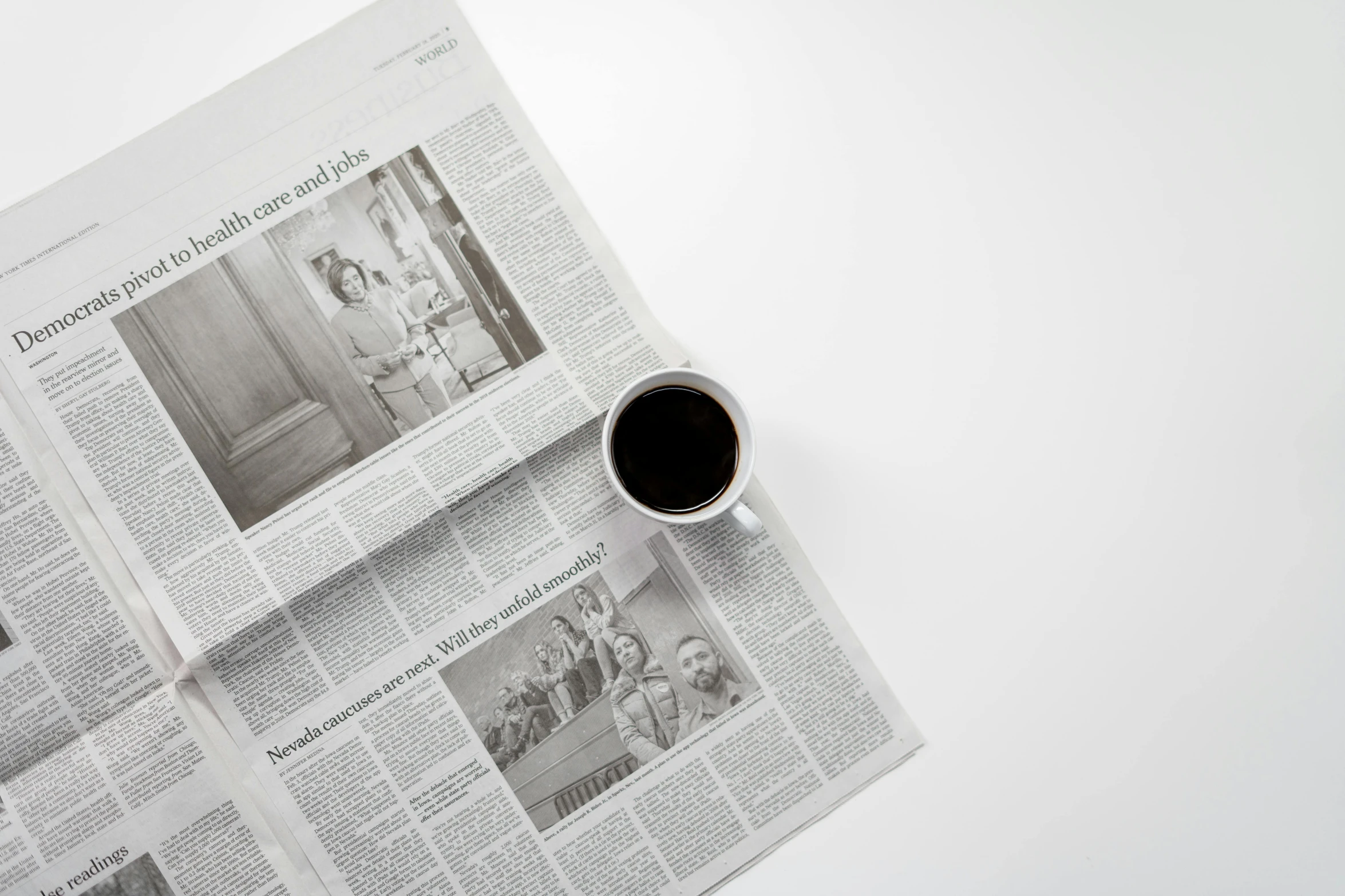 a cup of coffee sitting on top of a newspaper, by Matthias Stom, unsplash contest winner, photorealism, black on white paper, cinestill hasselblad 8 5 mm, magdalena radziej, wide high angle view