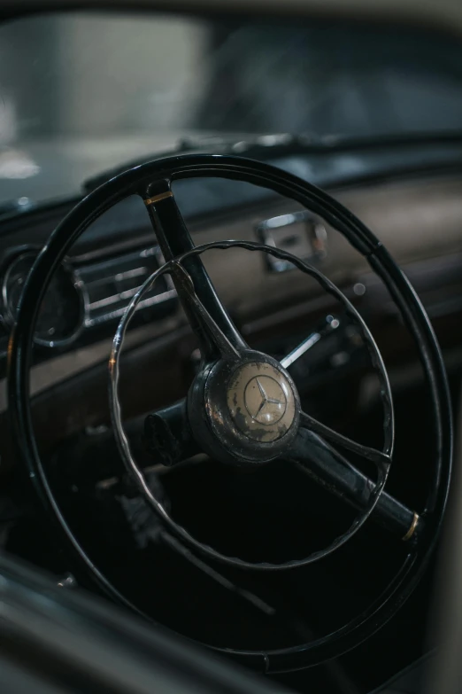 a close up of a steering wheel in a car, by Peter Churcher, pexels contest winner, modernism, retro dark vintage, 15081959 21121991 01012000 4k, mercedes, plain background