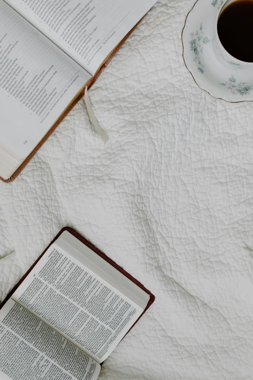 an open book sitting on top of a bed next to a cup of coffee, a cross stitch, trending on unsplash, happening, angel in white linen, - 9, quilt, full body image