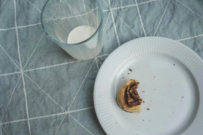 a half eaten pastry on a plate next to a glass of milk, inspired by Agnes Martin, unsplash, snail, medium format, picnic, aftermath