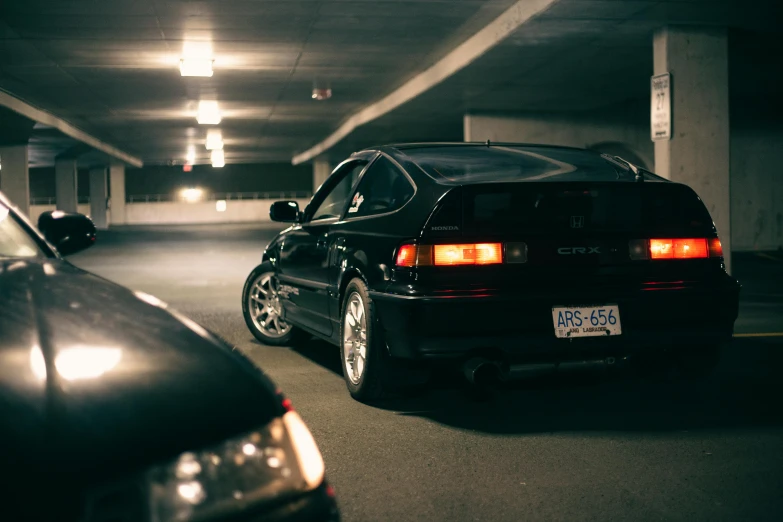 a couple of cars parked in a parking garage, inspired by Hiroshi Honda, unsplash, hyperrealism, 90's photo, honda civic, back lit, 15081959 21121991 01012000 4k