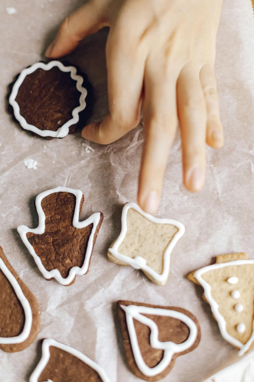 a person putting icing on some cookies on a table, by Daniel Lieske, trending on pexels, folk art, closeup of arms, diecut, brown, holiday