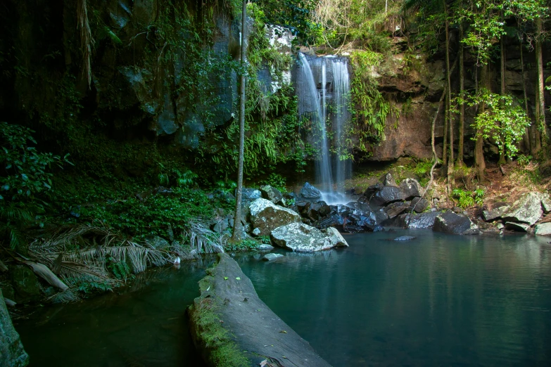 a waterfall in the middle of a lush green forest, tamborine, deep clear pools of water, lpoty, sitting down