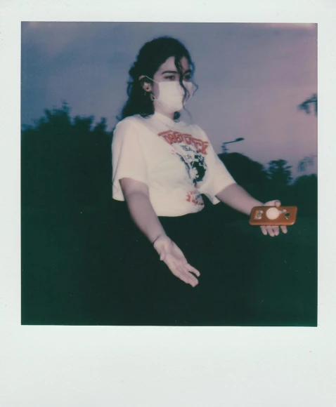 a woman in a white shirt holding a camera, a polaroid photo, inspired by Elsa Bleda, happening, wearing a mask, ☁🌪🌙👩🏾, with red haze, alex flores
