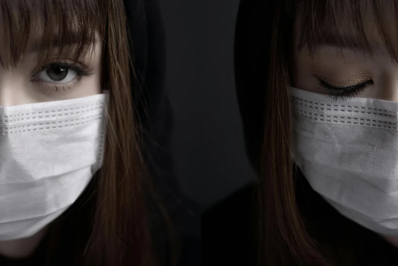 a close up of a person wearing a face mask, a black and white photo, trending on pexels, hurufiyya, image split in half, plague and fever. full body, girl with white eyes, biohazard