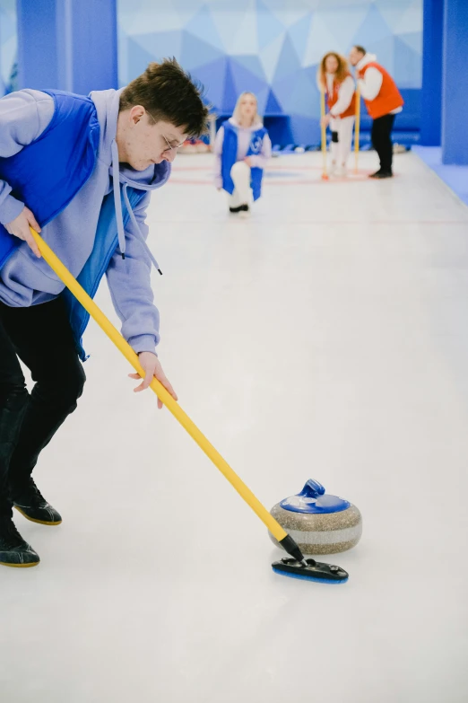 a man about to throw a curling stone, soft surfaces, holding a staff, swirly, 2019 trending photo