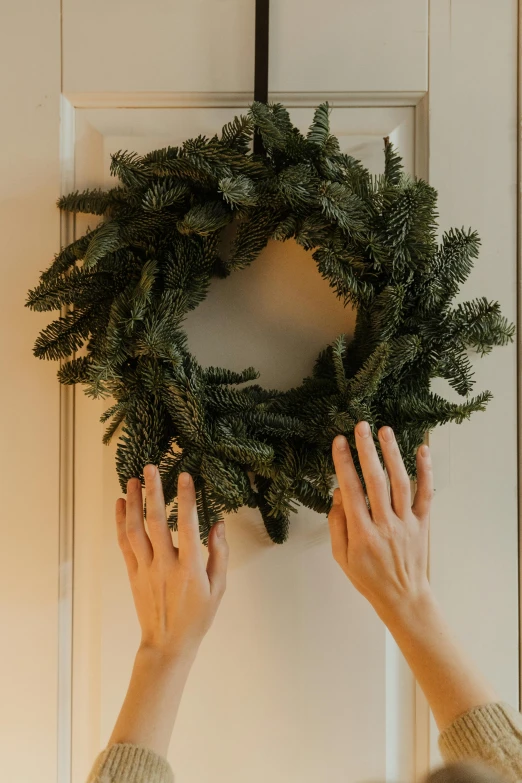 a person hanging a wreath on a door, soft internal light, evergreen, hands straight down, front facing