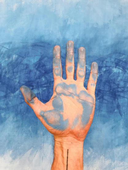 a painting of a hand with a cross painted on it, a painting, inspired by Yves Klein, trending on unsplash, orange to blue gradient, transparent, pastel blue, painting of a man