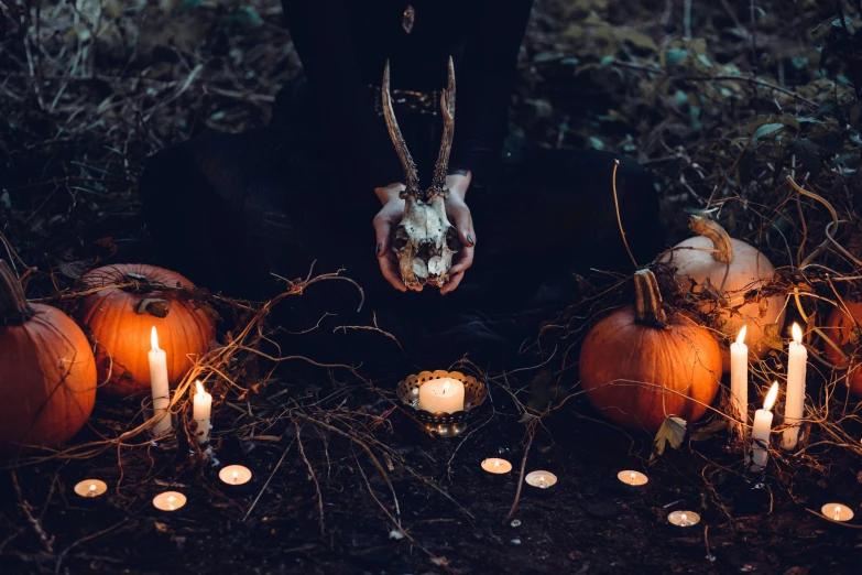 a person holding a deer skull surrounded by pumpkins and candles, trending on pexels, vanitas, witchy clothing, torches in ground, frank moth, human skulls on ground