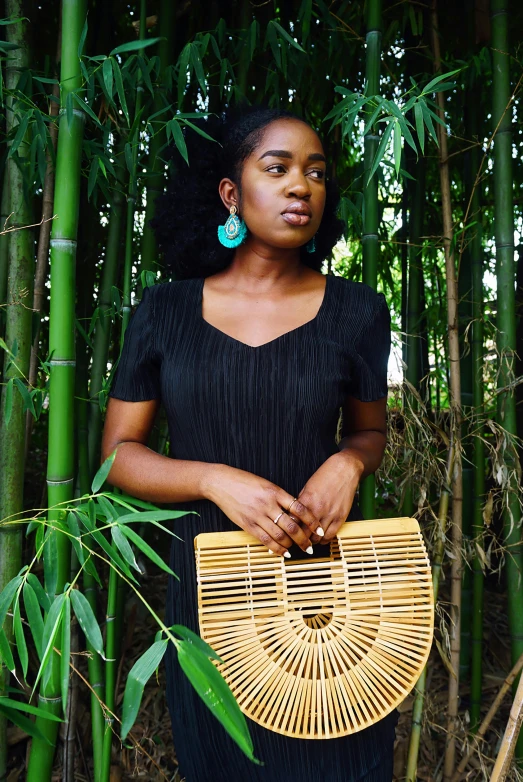 a woman in a black dress holding a bamboo bag, featured on instagram, brown skinned, of bamboo, an olive skinned, summer night