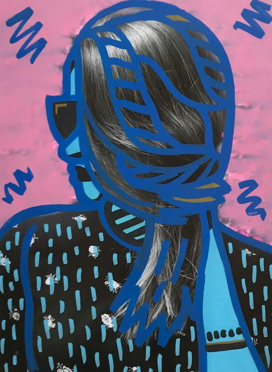 a painting of a woman with blue hair, by Noe Canjura, pop art, fluo details, pigtails, ( collage ), hiding