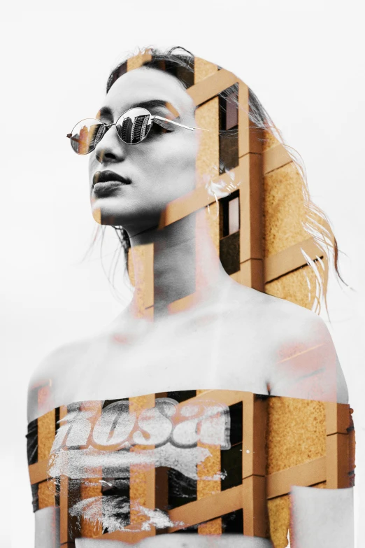 a woman that is standing in front of a building, poster art, by Ugo Nespolo, trending on pexels, futurism, close up portrait bust of woman, cut out collage, tanned beauty portrait, 144x144 canvas