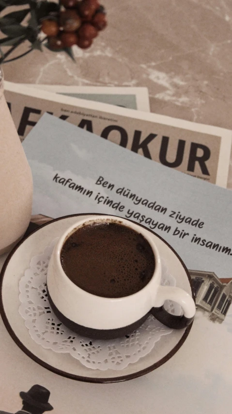 a cup of coffee sitting on top of a saucer, a poster, inspired by irakli nadar, pexels contest winner, hurufiyya, journalism, fallout style istanbul, text on paper, square