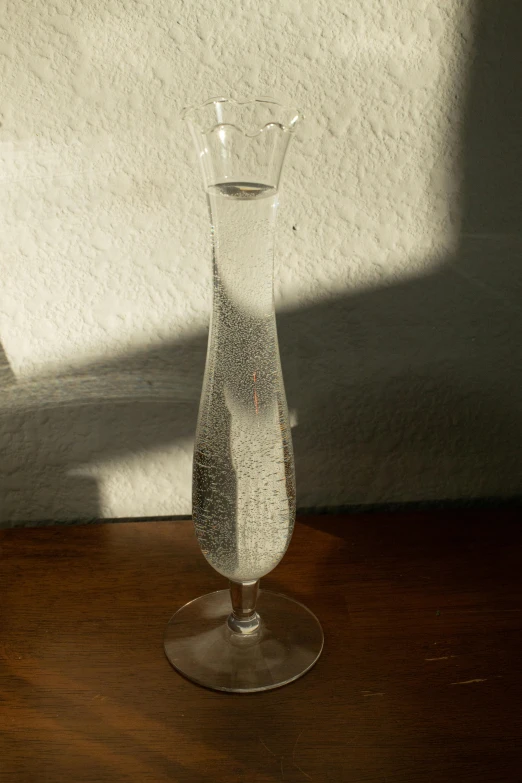 a glass vase sitting on top of a wooden table, a stipple, unsplash, photorealism, bubbly, backlit, late 1 9 6 0's, tall