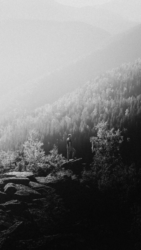 a black and white photo of a person standing on top of a mountain, a black and white photo, inspired by Emil Fuchs, unsplash contest winner, romanticism, photograph captured in the woods, early morning light, nostalgic 8k, instagram photo