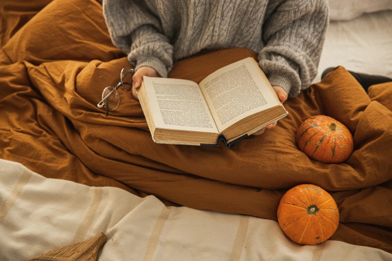 a woman sitting on a bed reading a book, by Helen Stevenson, trending on pexels, figuration libre, pumpkins, brown clothes, seasonal, wearing small round glasses